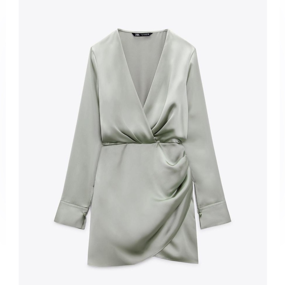 Zara Satin Wrap Dress in light green. NWT